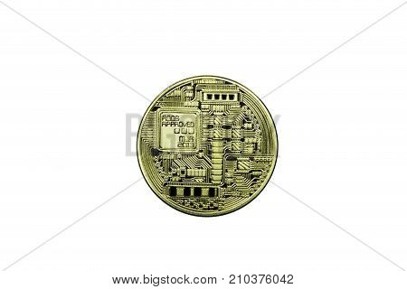 Golden Bitcoins face (digital virtual money) isolated on white background.