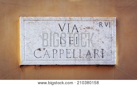 Via dei Cappellari street marble sign on the wall in Rome Italy
