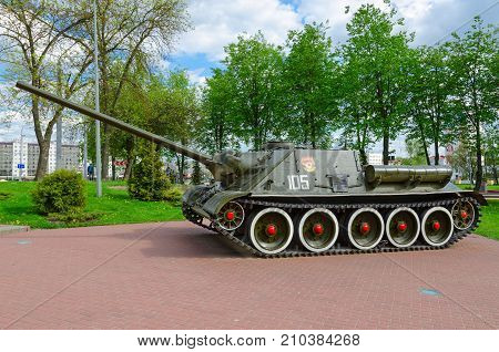 VITEBSK BELARUS - MAY 22 2017: SU-100 (Soviet self-propelled artillery unit class 