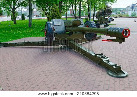 VITEBSK BELARUS - MAY 22 2017: 122-mm D-30 howitzer on Alley of military glory in park of Winners Vitebsk Belarus