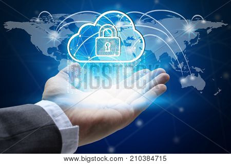 hand holding with virtual screen padlock and cloud computing global network Cyber Security Data Protection Business Technology Privacy concept Internet Concept of global business cloud computing concept.