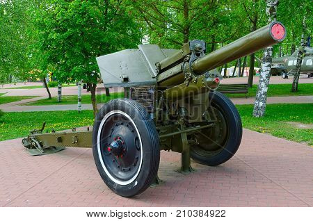 VITEBSK BELARUS - MAY 22 2017: 122-mm divisional howitzer of 1938 model M-30 on Alley of military glory in park of Winners Vitebsk Belarus