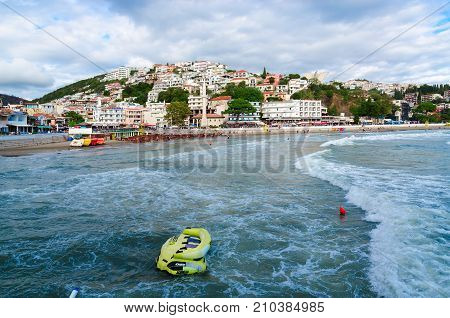 ULCINJ MONTENEGRO - SEPTEMBER 9 2017: Beautiful view of promenade of popular resort town of Ulcinj Montenegro