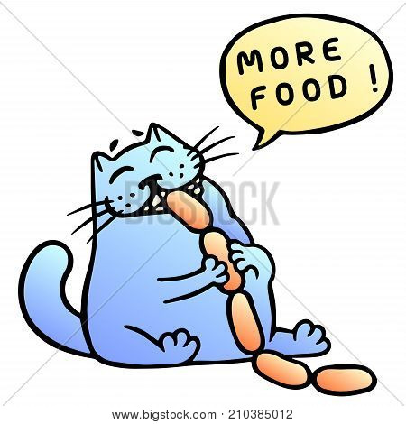 More food. Blue cat eats sausages. Vector illustration. Funny cartoon character. White color background.