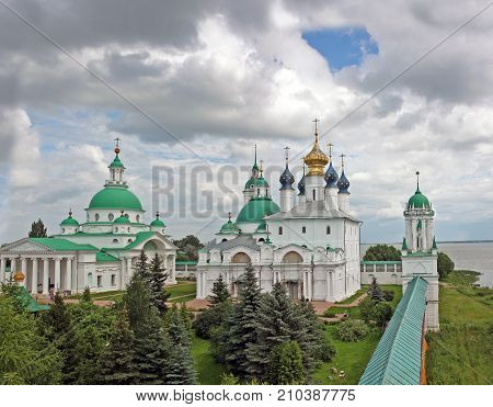 Rostov Russia - 18 July 2017: Monastery of St. Jacob Saviour (Spaso-Yakovlevsky Dimitriev) is an Eastern Orthodox monastery situated to the left from Rostov Кremlin. Monastery was founded in the 14th century by St Iakov of Rostov.