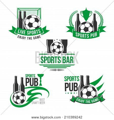 Soccer sports pub or football game bar icons of soccer ball, winner cup award and beer bottles, stars and goal gates. Vector isolated set for brewery pub menu or championship broadcasting live design