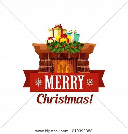 Merry Christmas icon or greeting card design template of winter fireplace and chimney with Xmas gifts and holly wreath decoration. Vector ribbon design template for New Year holiday season