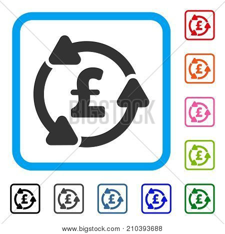 Pound Circulation icon. Flat grey iconic symbol inside a light blue rounded square. Black, gray, green, blue, red, orange color variants of Pound Circulation vector.