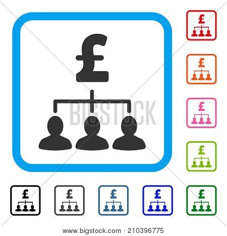 Pound Payment Relations icon. Flat grey pictogram symbol in a light blue rounded rectangular frame. Black, gray, green, blue, red, orange color variants of Pound Payment Relations vector.