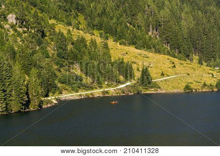 Alpine Mountain Lake Riesachsee Mit Riesachsfalle Near Schladming In Austria