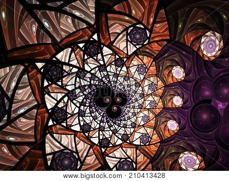 Spiral mosaic fractal pattern. Floral mosaic stain glass composition in purple and grey tone