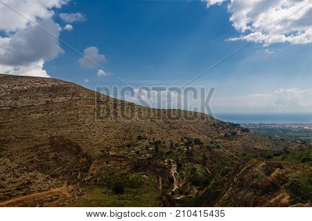 Arial view on the Sicilian landscape near the city of Avola Italy