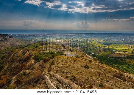 Arial view on the Sicilian landscape near the city of Avola Italy