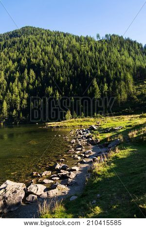Alpine Mountain Lake Riesachsee Mit Riesachsfalle Near Schladming In Austria