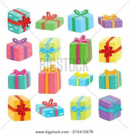 Big presents collection. Vector illustration of cartoon cute color gifts isolated on white background. Christmas, birthday, anniversary or Valentine s day gifts boxes.