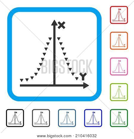 Dotted Gauss Plot icon. Flat gray iconic symbol inside a light blue rounded squared frame. Black, gray, green, blue, red, orange color variants of Dotted Gauss Plot vector.