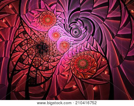 Spiral mosaic fractal pattern. Floral mosaic stain glass composition in purple