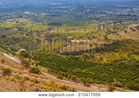 Arial view on the Sicilian landscape near the city of Avola Italy