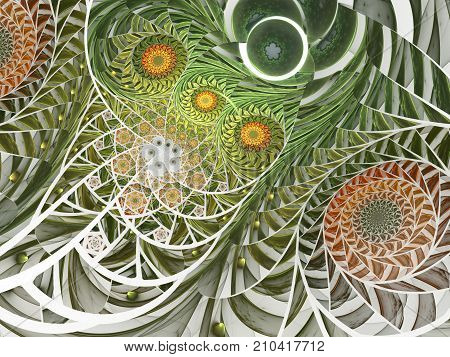 Spiral mosaic fractal pattern. Floral mosaic stain glass composition in green tone