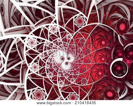 Spiral mosaic fractal pattern. Floral mosaic stain glass composition in red
