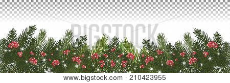 Christmas long garland.Beautiful evergreen garland of Xmas tree branchesred berries and snowflakes sparkles.Merry Christmas and Happy New Year greeting. Panorama. Vector illustration. Eps 10.