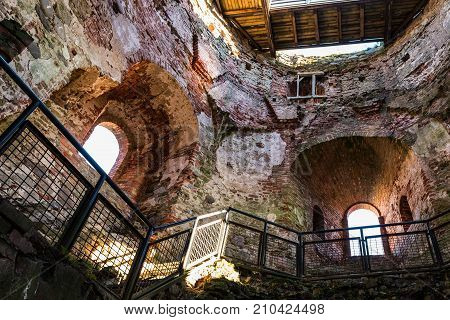 Interior of old medieval castle ruins in Bauska town, Latvia