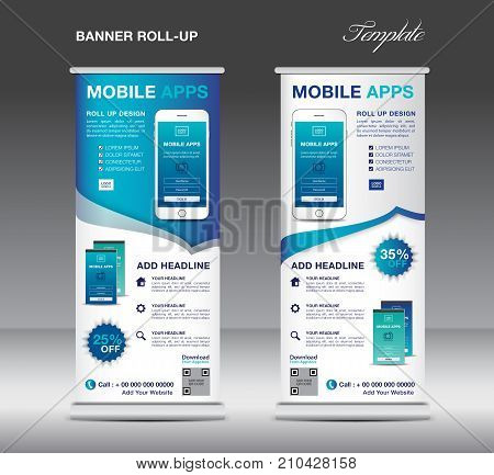 MOBILE APPS Roll up banner template, stand layout, Blue banner, application presentation, infographics, advertisement, flyer, x-banner, j-flag, poster, advertisement, print media advertising