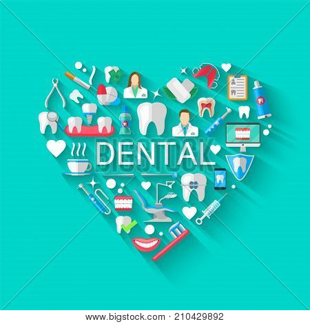 Dental Banner Background Concept With Flat Icons Isolated. Vector Illustration, Dentistry, Orthodontics. Healthy clean teeth. Dental instruments and equipment. Illustration for your projects.