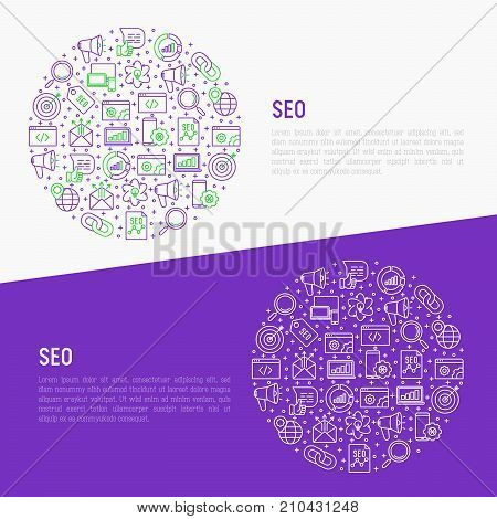 SEO and development concept in circle with thin line icons. Vector illustration for banner, web page, print media.