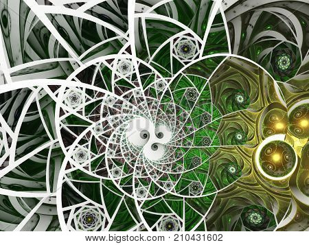 Spiral mosaic fractal pattern. Floral mosaic stain glass composition in green tone