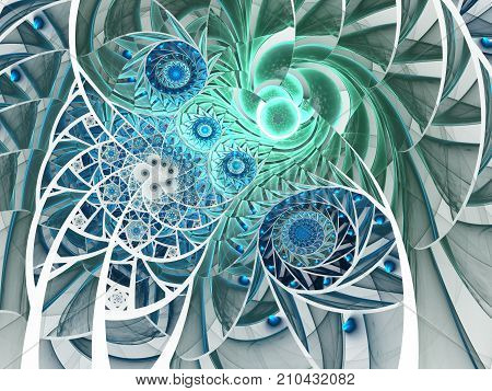 Spiral mosaic fractal pattern. Floral mosaic stain glass composition Blue and soft green tone