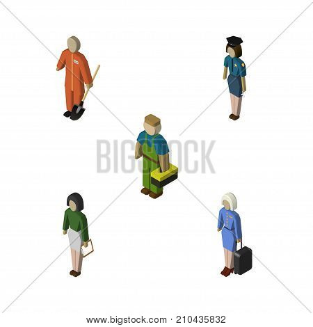 Isometric Person Set Of Policewoman, Pedagogue, Plumber And Other Vector Objects