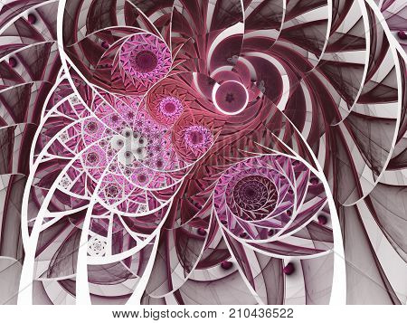 Spiral mosaic fractal pattern. Floral mosaic stain glass composition in deep red color