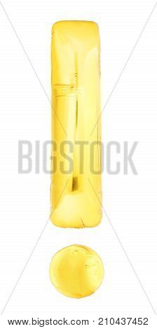 Golden exclamation point symbol made of inflatable air balloon isolated on white background