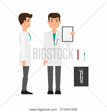 Male doctor, healthcare specialist in white medical gown, side and front view, flat vector illustration on white background. Doctor, man in white coat, front and side view full length portrait