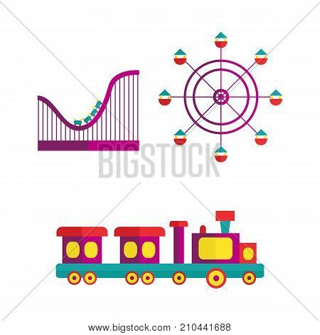 vector flat amusement park, funfair carnival objects icon set. Roller coaster, kid steam train and Ferris wheel. Isolated illustration on a white background.