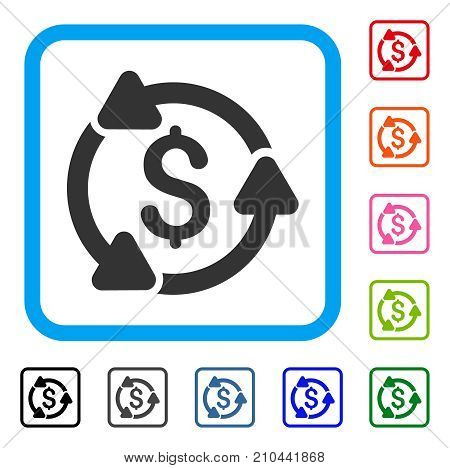 Money Circulation icon. Flat gray pictogram symbol in a light blue rounded rectangular frame. Black, gray, green, blue, red, orange color additional versions of Money Circulation vector.