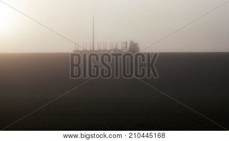 Traveling On A Foggy Road Truck, Photo With Poor Visibility