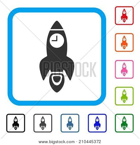 Space Rocket Time icon. Flat gray iconic symbol in a light blue rounded rectangle. Black, gray, green, blue, red, orange color variants of Space Rocket Time vector.