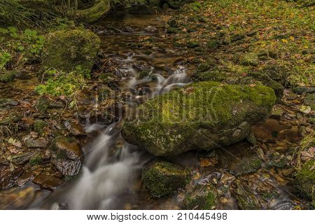 Javori Creek In Krkonose Mountains National Park In Autumn Color Day
