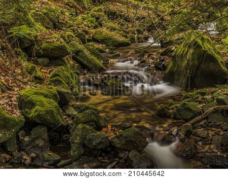 Javori Creek In Krkonose Mountains National Park In Autumn Color Day