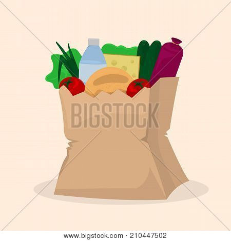 Paper bag with purchase. Food shopping. Cartoon style