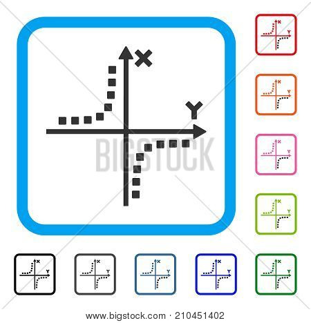 Hyperbola Plot icon. Flat gray iconic symbol inside a light blue rounded squared frame. Black, gray, green, blue, red, orange color additional versions of Hyperbola Plot vector.