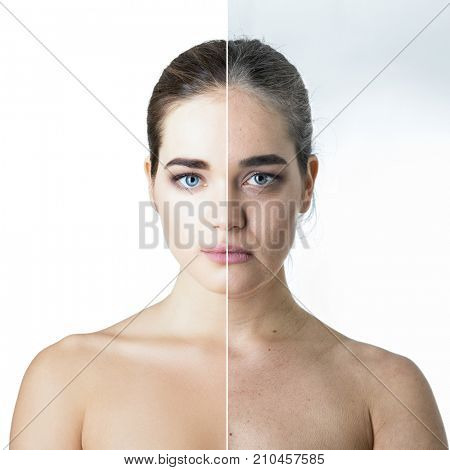 Anti-aging, woman with problem and clean skin, aging and youth, beauty treatment, plastic surgery, beauty shots, aging process concept. Female face before and after beauty treatment.
