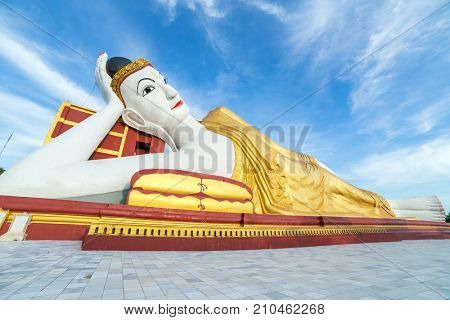 Giant Reclining Buddha at the Maha Bodhi Tataung in Monywa Myanmar.