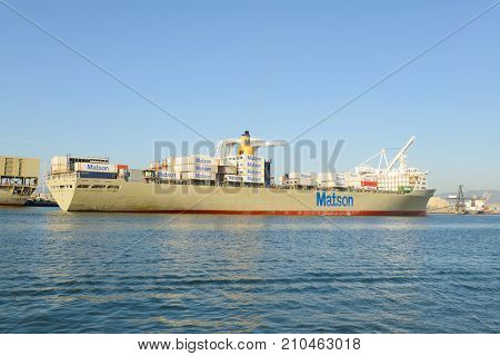 Alameda, CA - March 9, 2015: Oakland Oakland Container Shipyard, San Francisco Bay, the MATSON ship 