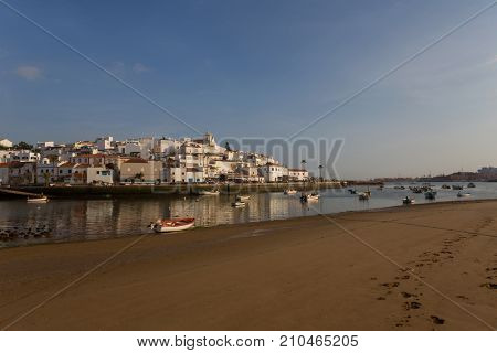 FERRAGUDO, PORTUGAL - APRIL 24, 2017: Picturesque view of Ferragudo fishing village in Algarve, Portugal