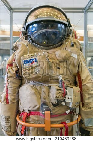 Kaluga, Russia, September 17, 2017: Russian astronaut spacesuit in Kaluga space museum.