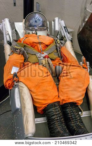 Kaluga, Russia, September 17, 2017: Russian astronaut spacesuit in Kaluga space museum.