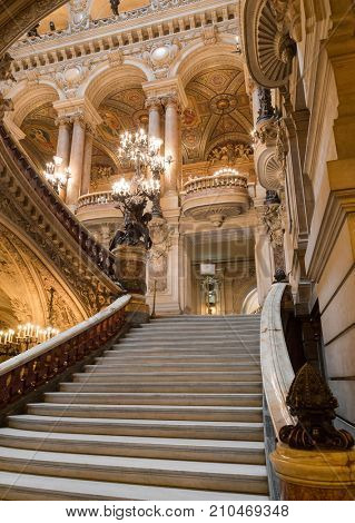 Paris, France, March 31 2017: Interior view of the Opera National de Paris Garnier, France. It was built from 1861 to 1875 for the Paris Opera house.